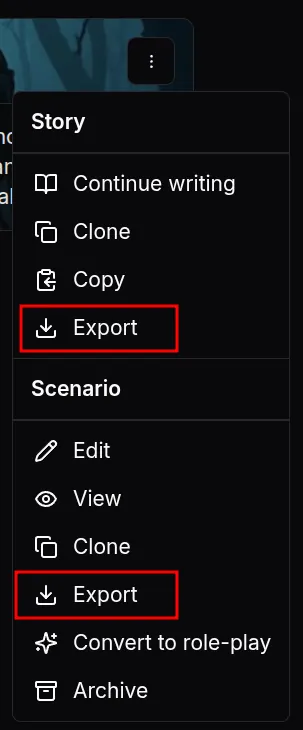 V1 story menu with Export option highlighted