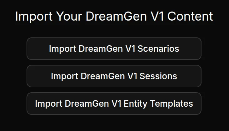 Import main buttons showing options to import scenarios, sessions, and templates from V1