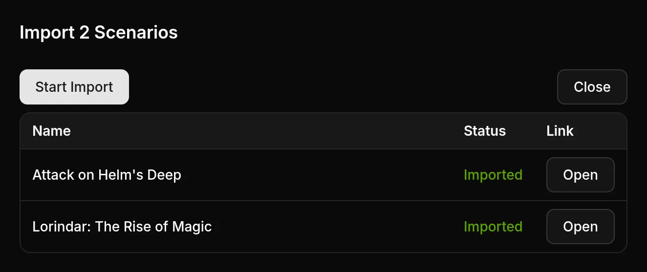 Import progress screen showing successful completion