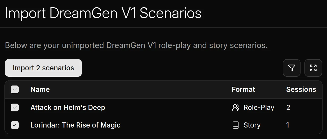 Import selection screen showing checkboxes for different scenarios to import